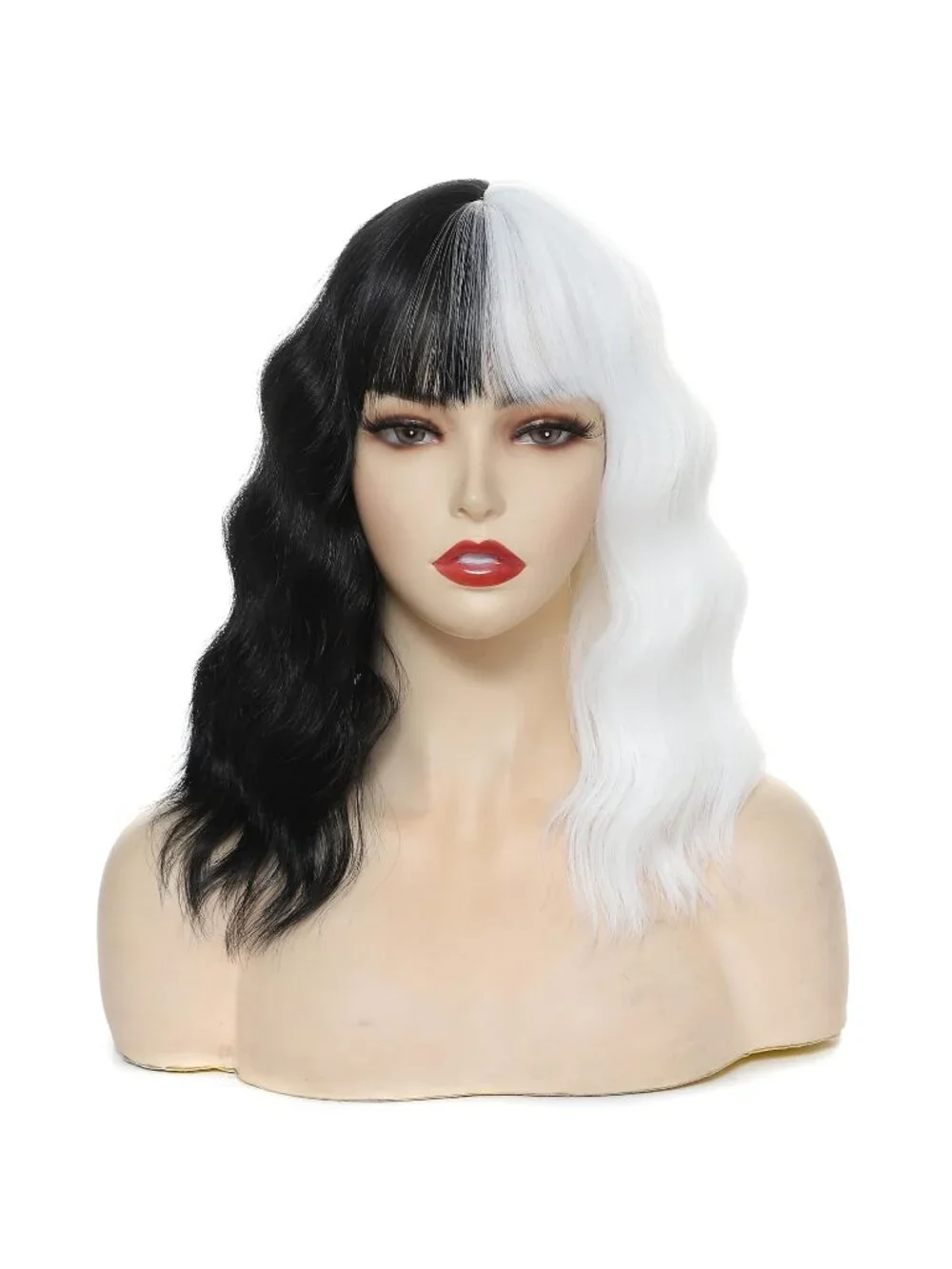 Women's Black White 14 Inch Heat Resistant Short Wavy Hair Pastel Bob Wig Bangs